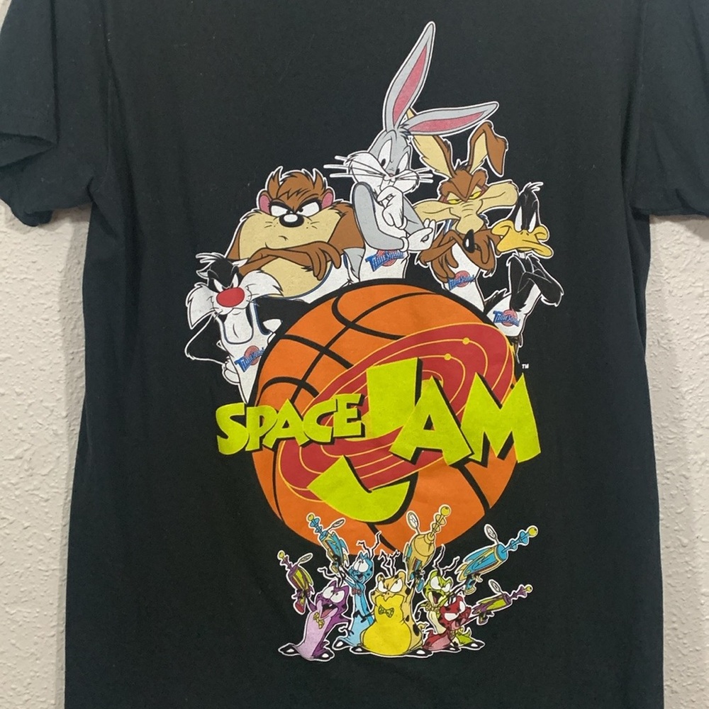 Space Jam‎ Black Screen Print Crew Neck Shirt Sleeve Tee 100% Cotton size M
